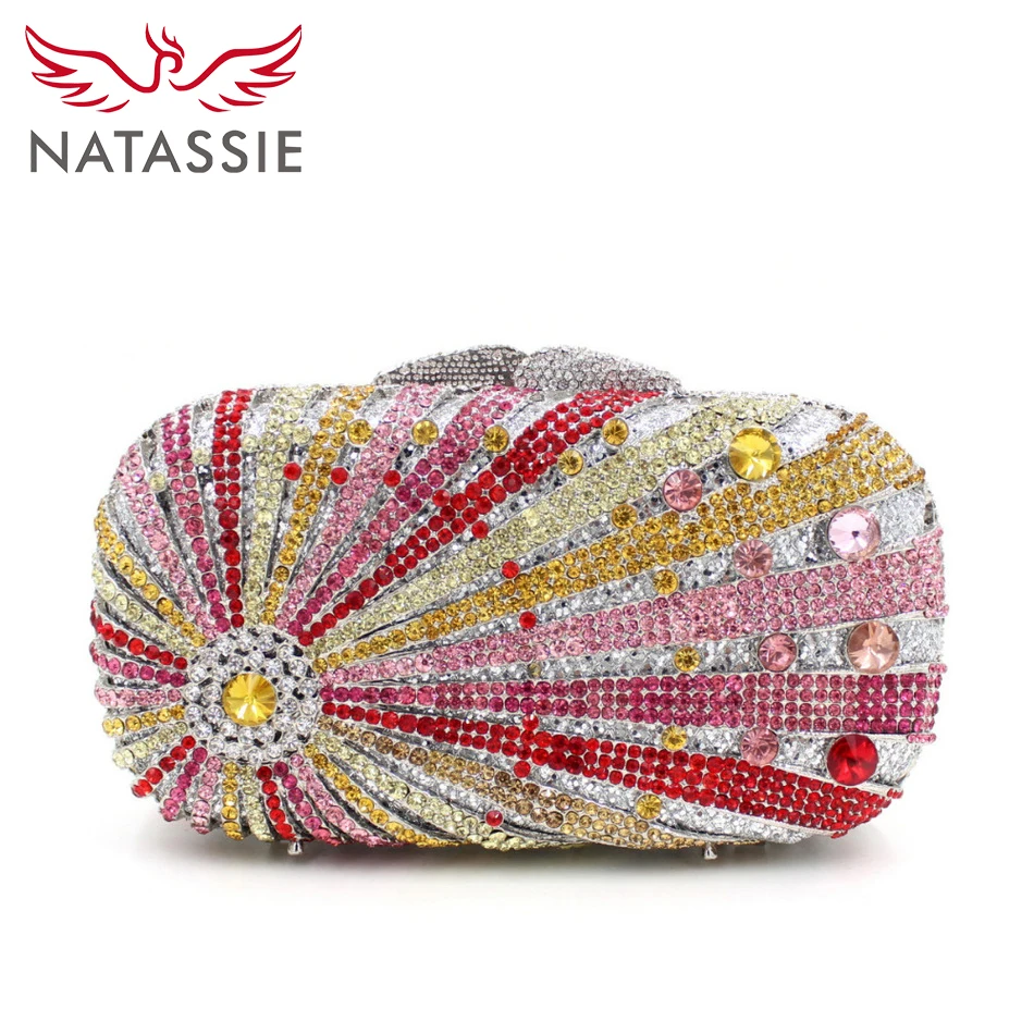 NATASSIE Bohemian Crystal Clutch Bag Colourful Diamonds Evening Bag With Chain Fashion Trend Girls Party Handbags Wedding Purses