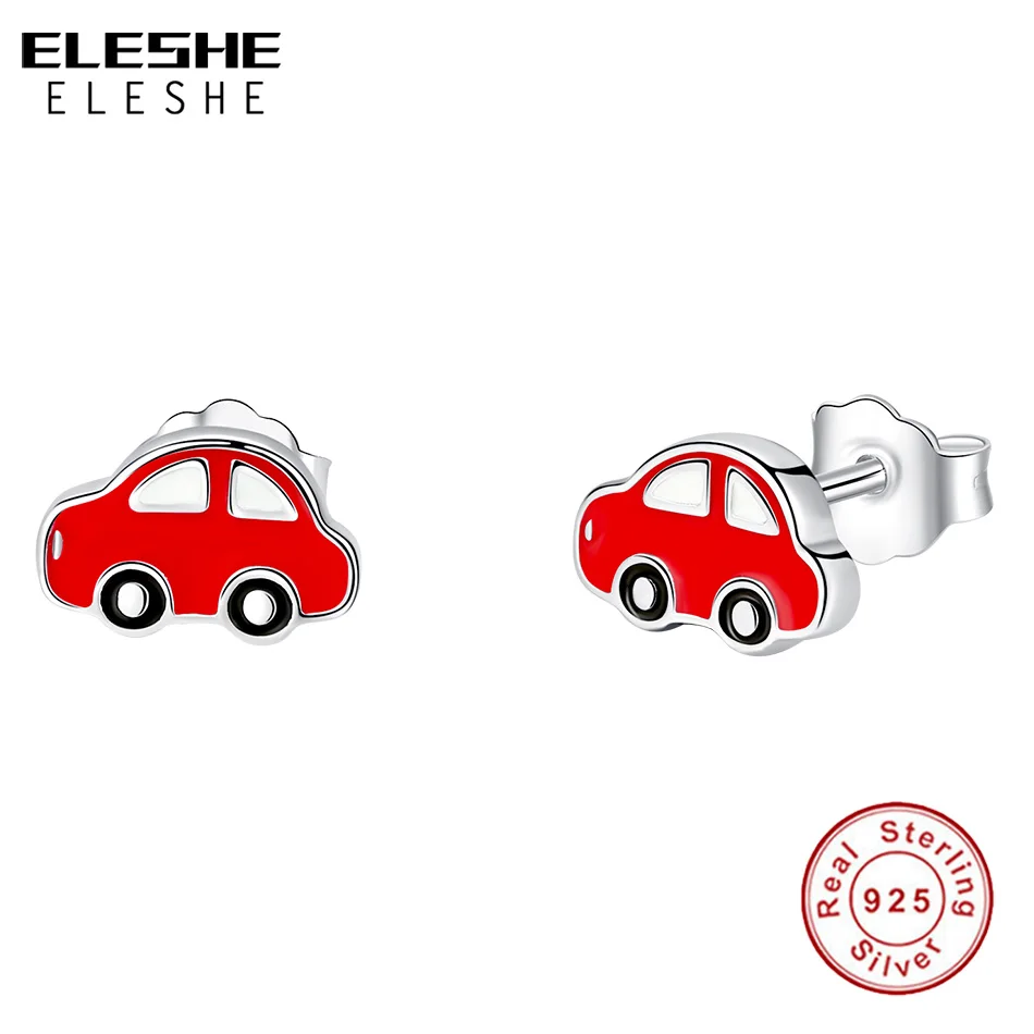ELESHE Lovely 925 Sterling Sliver Red Enamel Toy Car Silver Stud Earrings for Women Children Boy Friend Fashion Jewelry Gift