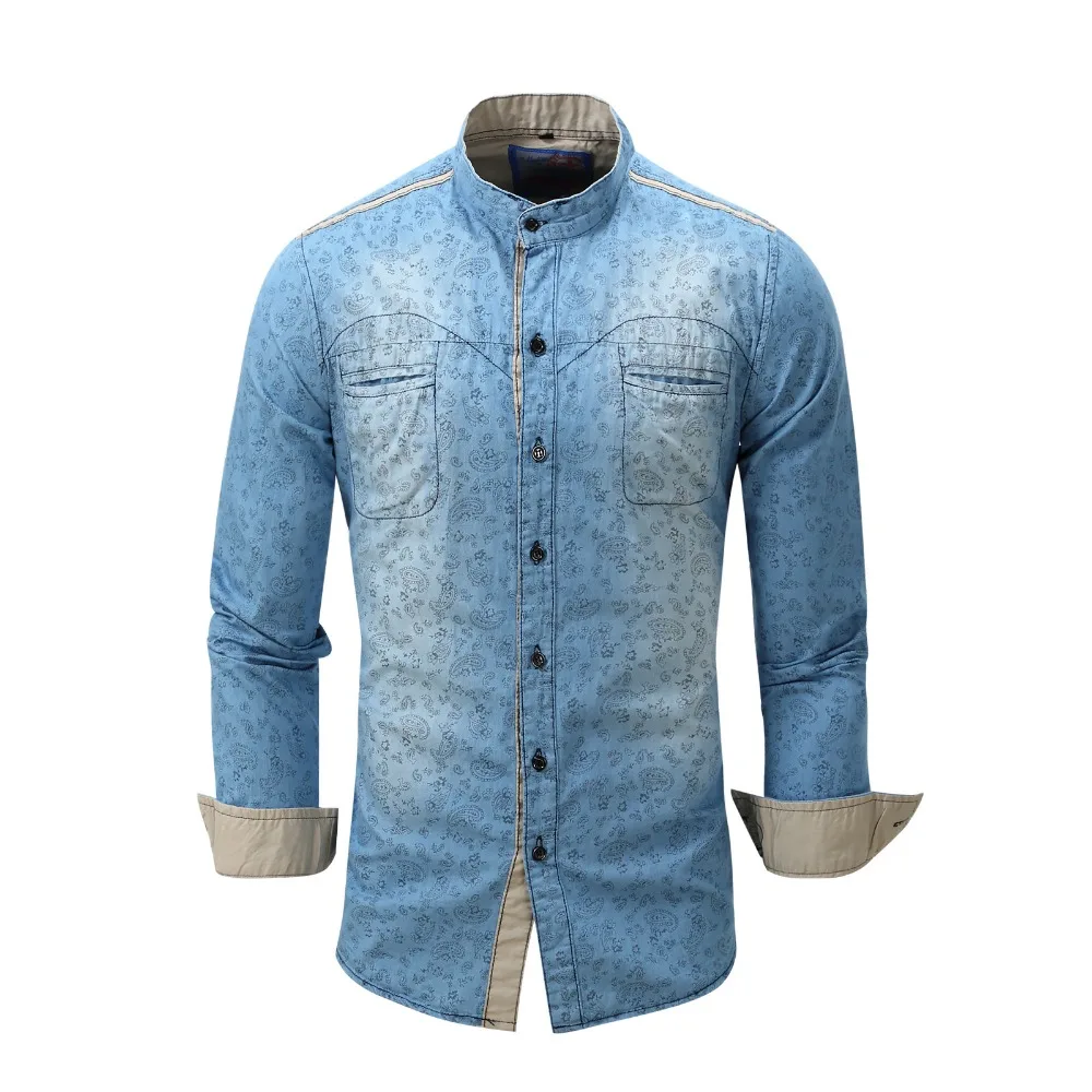Spring Casual Men's Denim Shirts Classic Vintage Blue Jeans Shirt Slim Fit Long Sleeve Pockets