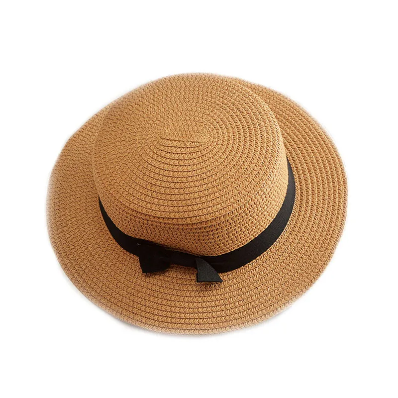 

Lady Boater sun caps Ribbon Round Flat Top Straw beach hat Panama Hat summer hats for women straw hat snapback gorras