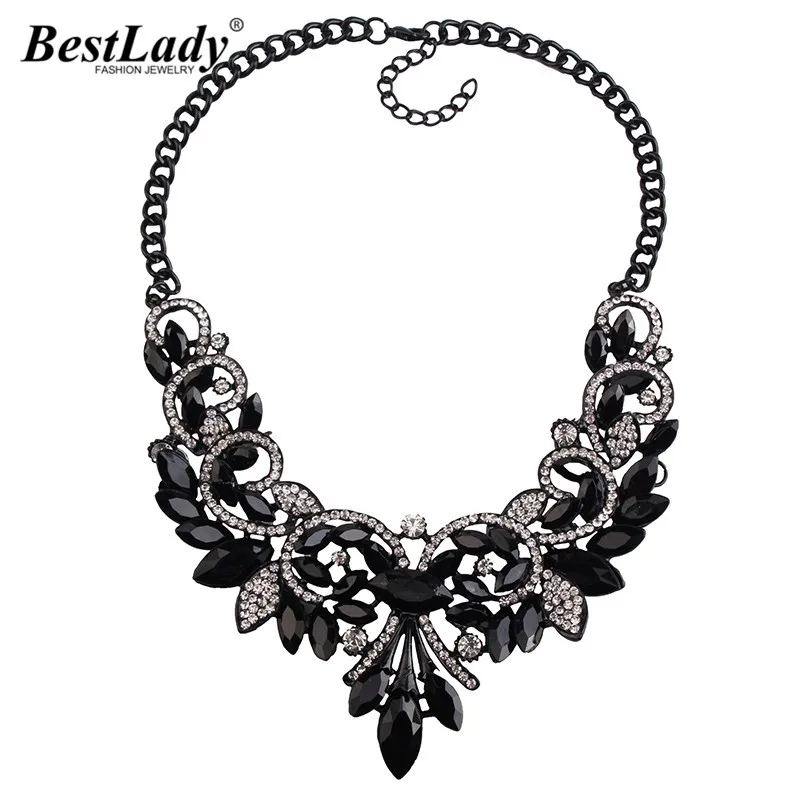 

Best lady Fashion Luxury Black Crystal Flower Gem Vintage Charm Pendant Statement Maxi Collier Femme Choker Necklace 3199