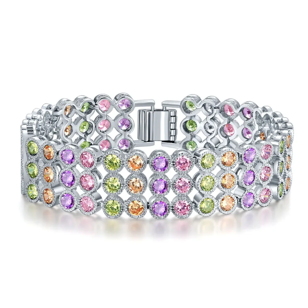 ZuanLiFang Fashion Bracelet High Quality Round Multicolor Cubic Zirconia Wide for Women Three Row CZ Stone Bangle | Украшения и