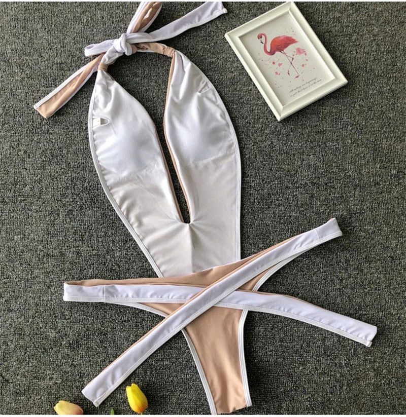 NewAsia сексуальный сдельный купальник купальный Комплект женский Холтер с глубоким v-образным вырезом на шнуровке с бантом бикини пуш-ап Мягкий Бразильский Монокини