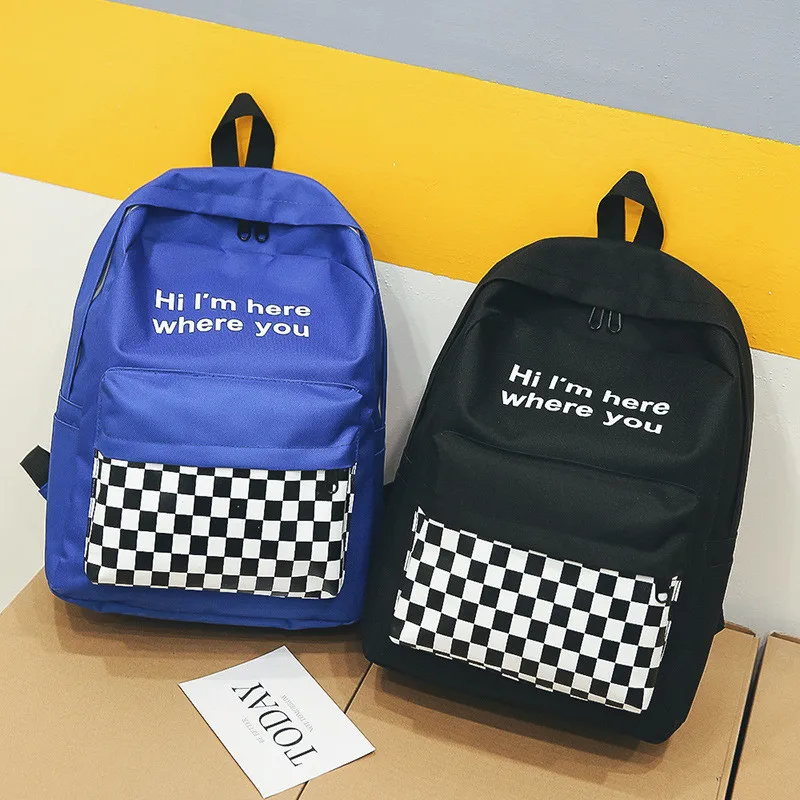 

Miyahouse Solid Color School Backpack Letter Print Women Backpack Female Canvas Material Rucksack Black&white lattices Preppy
