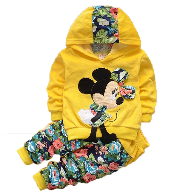 Комплекты одежды с Минни для девочек; Весенний Повседневный хлопковый комплект одежды с капюшоном для детей; штаны с длинными рукавами для девочек; толстовка; одежда для детей - Цвет: Yellow