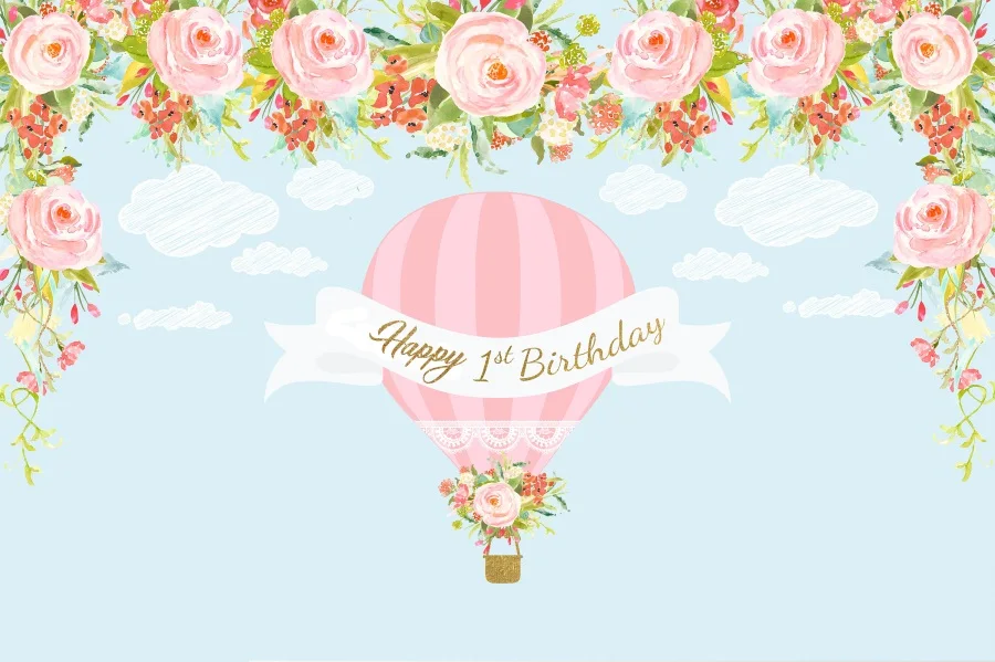 Laeacco Flower Hot Air Balloon 1st Birthday Party Baby Photography