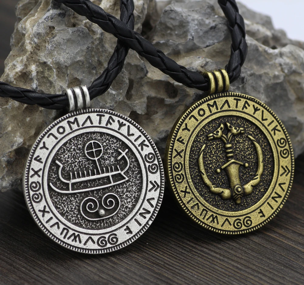 

Viking Men Odin Wolf In Vanir Sword with Rune Norse Drakkar Pendant Necklace Jewelry