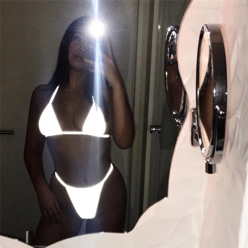 

Silver Reflective Set Sexy Two Piece Set Halter Crop Top and Thong Shorts Beach Club Outfits 2pc Matching Sets