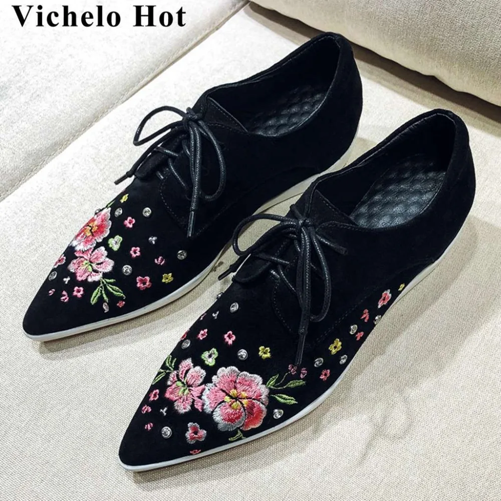 

Vichelo Hot colorful flowers embroidery increased shoes pointed toe lace up black loafers sheep leather vulcanized shoes L20