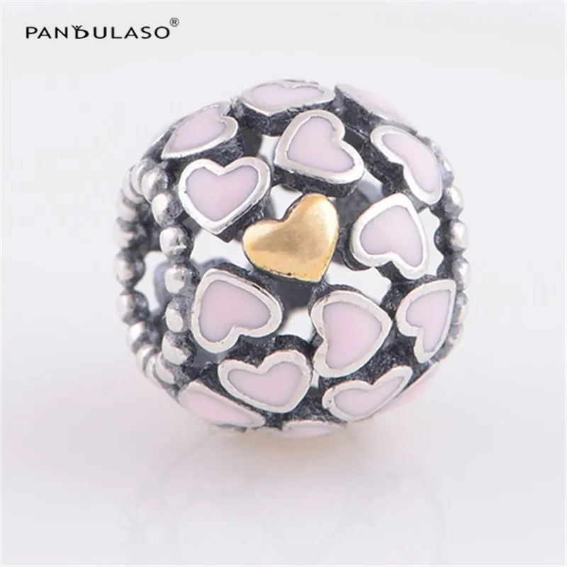 

Pandulaso Golden & Pink Enamel Heart Beads Fit Charms Silver 925 Original Bracelets Valentine's Day DIY Beads for Jewelry Making