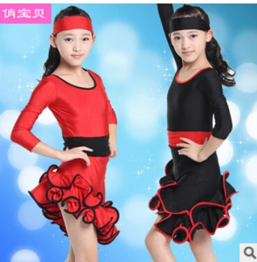 

Free shipping rumba latin dance dress tango samba 110-160cm black red competition fashion professional girl child dress costume