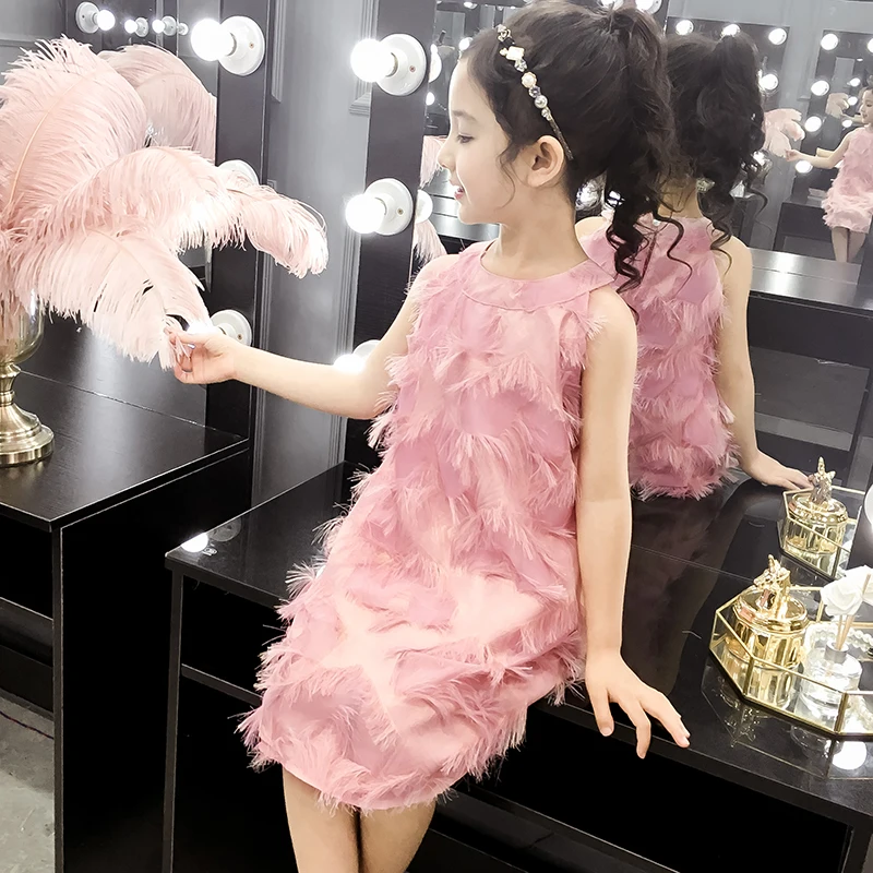 

Baby Kids Girls Dresses Summer Sleeveless Feather Patchwork Princess Dresses Children Clothes for 6 8 10 12 Years Vestidos