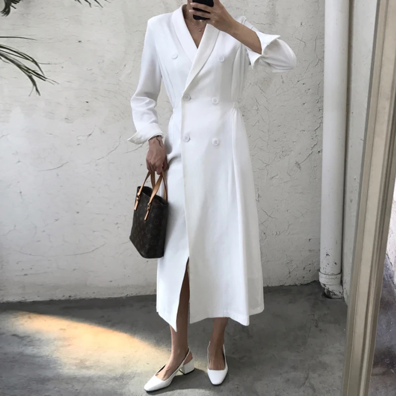 Korean Style 2018 Spring Women Blazers Solid Elegant Extra Long Double Breasted Slim Women Blazer and Jackets femme AO530