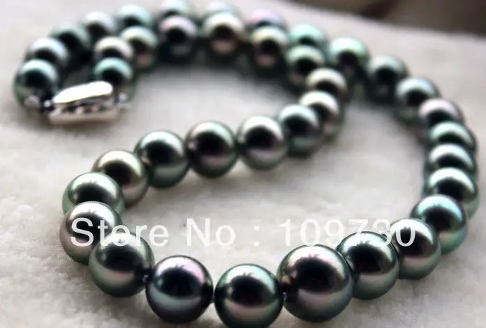 

Jewelry 001810 18"10-11mm tahitian black green pearl necklace 14KGP