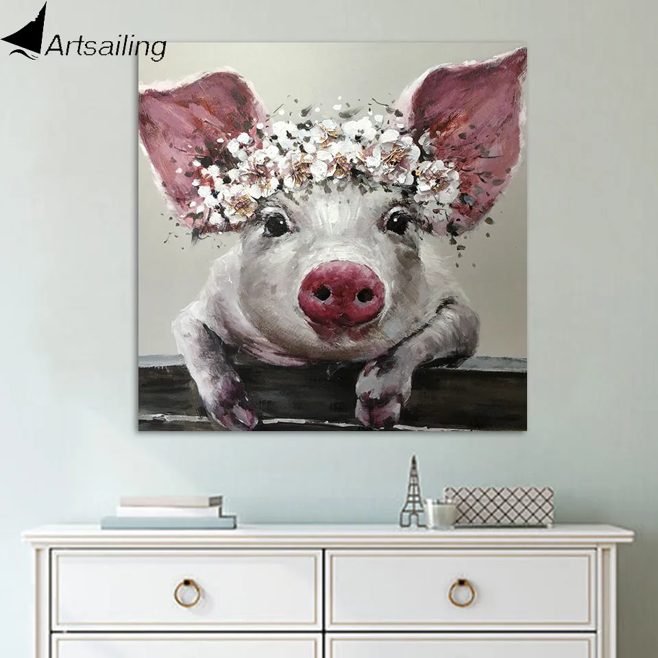 

ArtSailing 1 Piece Canvas Wall Art Bristle Pig Wearing Wreath Canvas Bristle with Flower Crown Posters and Prints Bathroom Decor
