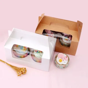 

10Pcs White/Pink Kraft Paper 2 Cupcakes Box With Clear PVC Window Wedding Party Favors Box Cake Gift Box With Handle Packaging