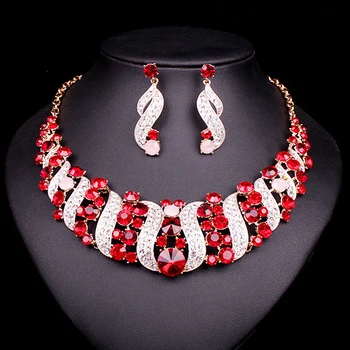 

NEW Red Crystal Choker Necklace Earrings Bridal Indian Jewelry Sets Bride Gold Color jewellery Wedding Prom Accessories Women