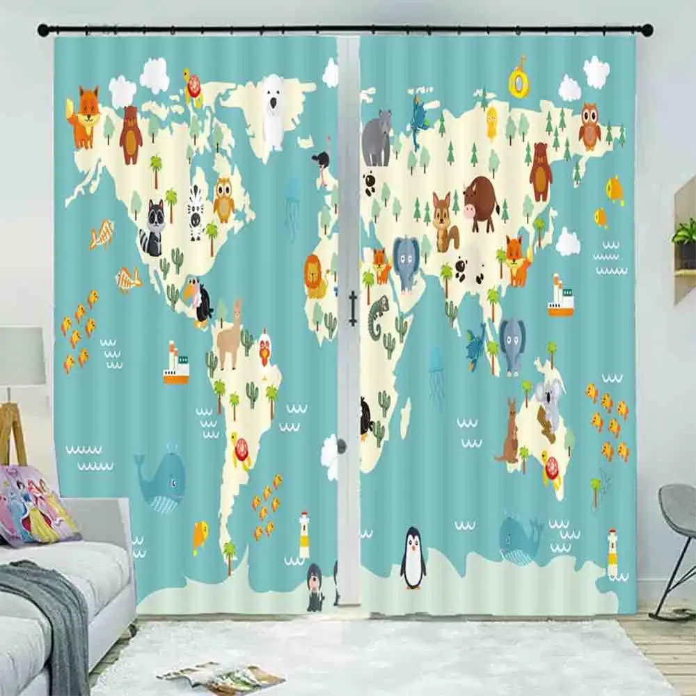 

Cartoon animal world map 3D Window Curtains Living Room bedroom Drapes Rideaux factory Customized size shower curtain
