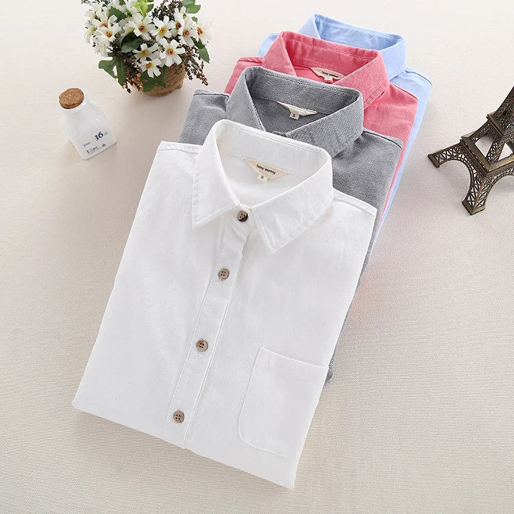 

2016 Autumn small fresh Oxford silk cloth slim shirt solid color casual women long-sleeve shirt 100% cotton