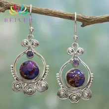 

Beiver White Gold Color Earrings Natural Stone Purple Howlite Earrings for Women Girl Retro Turquoise Jewelry 2019 New Arrivals
