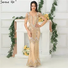 Роскошные вечерние платья золотого Дубая с v-образным вырезом и алмазным бисером, Сексуальные вечерние платья высокого класса,, Serene Хилл LA6668