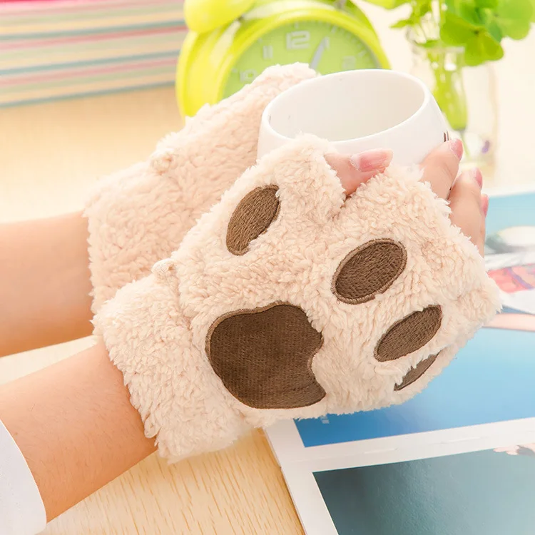 Women's winter gloves without fingers Fluffy Bear Cat Plush Paw Claw