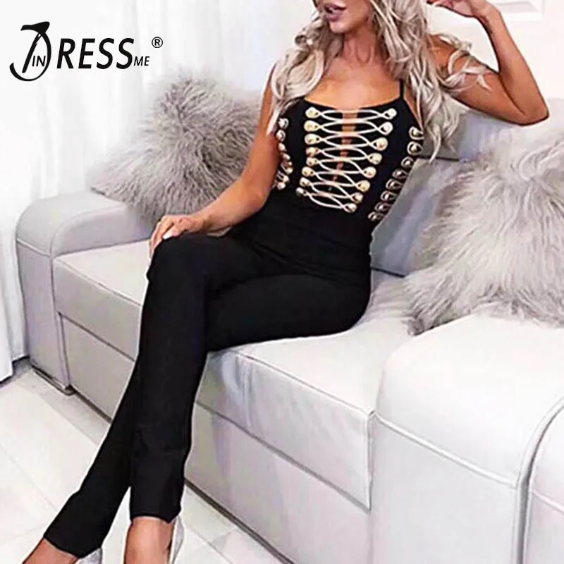 

INDRESSME Women 2019 Sexy Bandage Jumpsuits Sexy Lace Up Spaghetti Strap Bodycon Club Full Length Bodysuits