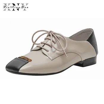 

XiuNingYan Women Genuine Leather Oxford Shoes Woman Flats Handmade Vintage Retro Lace Up Loafers Casual Sneakers Flat Shoes 2019
