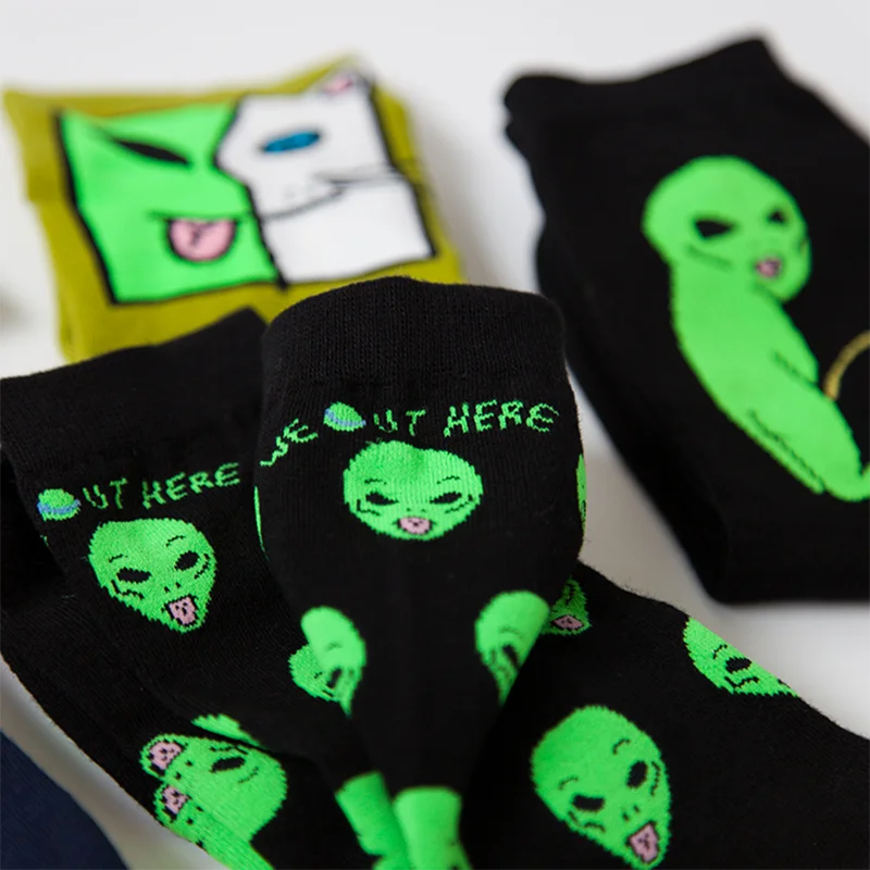 Модные удобные носки для вечеринок унисекс с изображением мультяшного кота и забавной инопланетянина, Осень-зима, креативные теплые