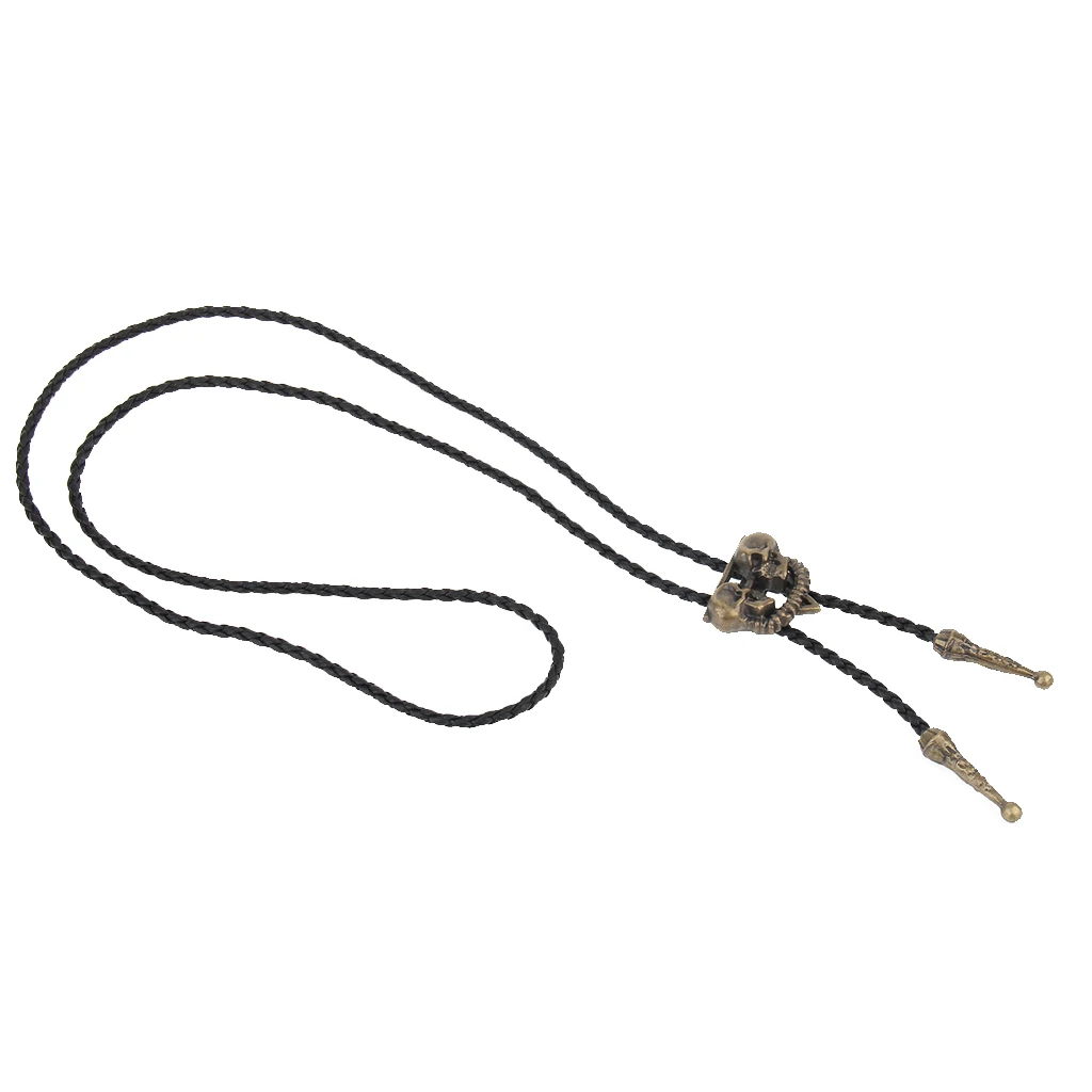 Western Cowboy American Skull Head Bolo Bola Tie Long Leather Necklace Men's Dancewear Accessories