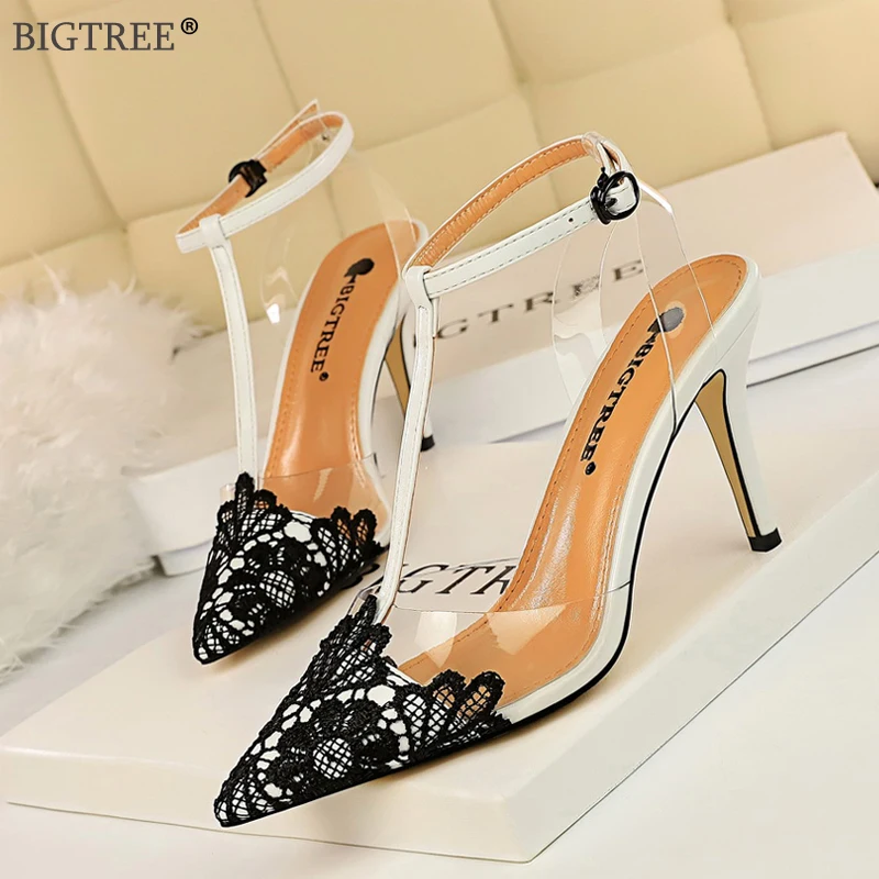 

2019 new shoes Women Sandals transparent PVC Sexy high heels Lace pointed toe T-tied pumps Summer party shoe Ankle strap fashion