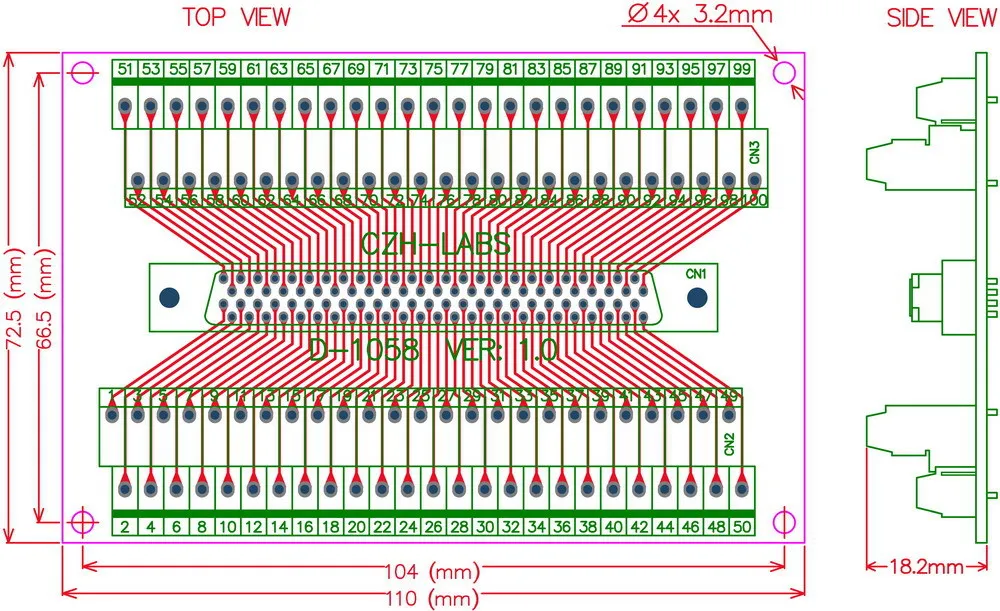 100-pin половинный шаг/0,0" Female женский Breakout Board, DSUB, SCSI, терминальный модуль