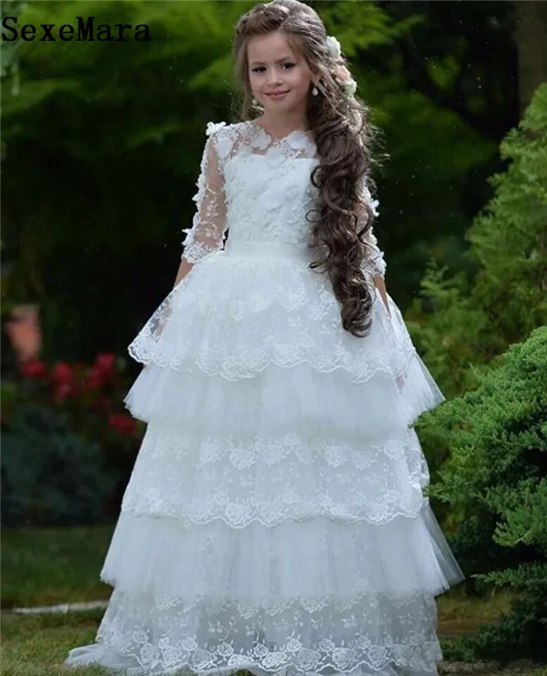 Flower Girls Dress For Wedding White Lace Appliques Long Sleeves Layered Puffy Girls Birthday Dress Floor Length Custom Made Flower Girls Dress For Wedding White Lace Appliques Long Sleeves Layered Puffy Girls Birthday Dress Floor Length Custom Made