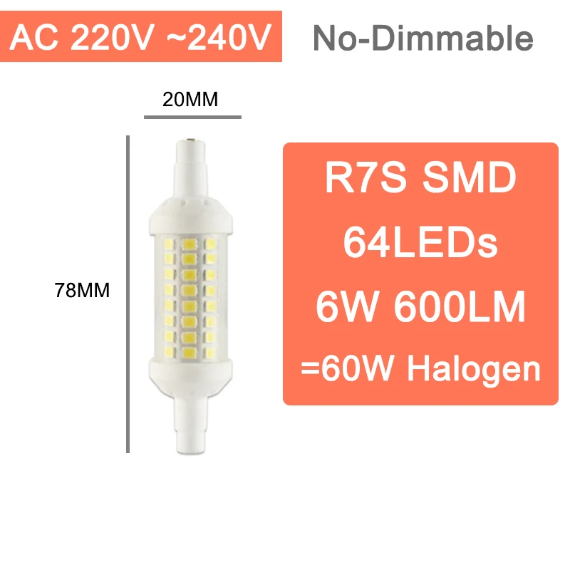R7S светодиодный лампочка COB стеклянная трубка 78 мм 6 Вт 118 мм 15 Вт лампа с регулируемой яркостью заменить галогенную лампу 80 Вт J118 лампарда диод Точечный светильник AC110V 220 В - Испускаемый цвет: SMD 78mm 220V NonDim