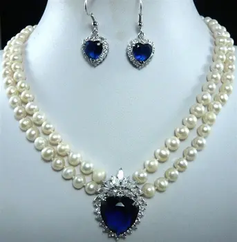 

7-8 mm fresh water pearl crystal necklace & heart zirconia pendant necklace set>>plated watch wholesale Quartz stone CZ