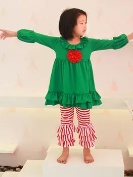 

Children Girl Christmas Outfit-Red /Green Top Dress + Triple Ruffle Pants 2 Peices In Set-Toddler Girls Clothing Set