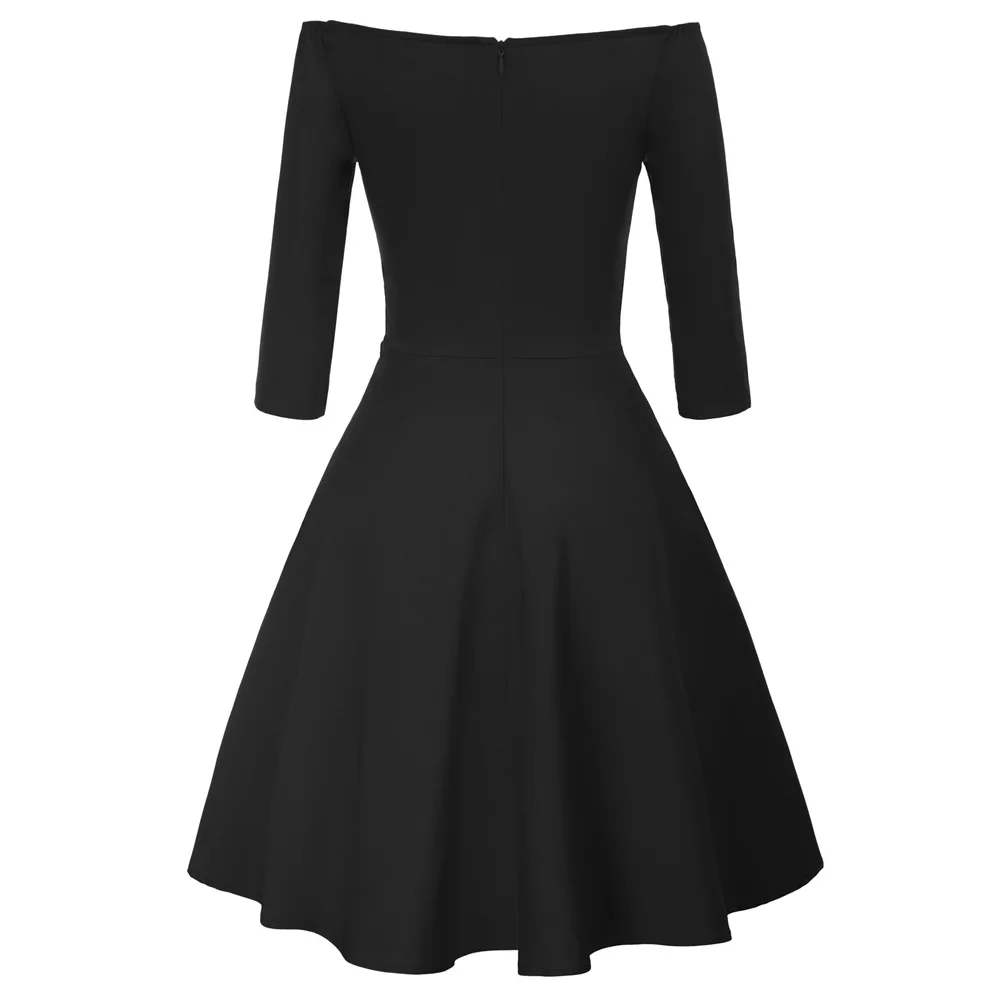 Женское Ретро винтажное платье 50s 60s черное 3/4 рукав с открытыми плечами v-образным вырезом эластичное летнее платье женское рокабилли свободное платье