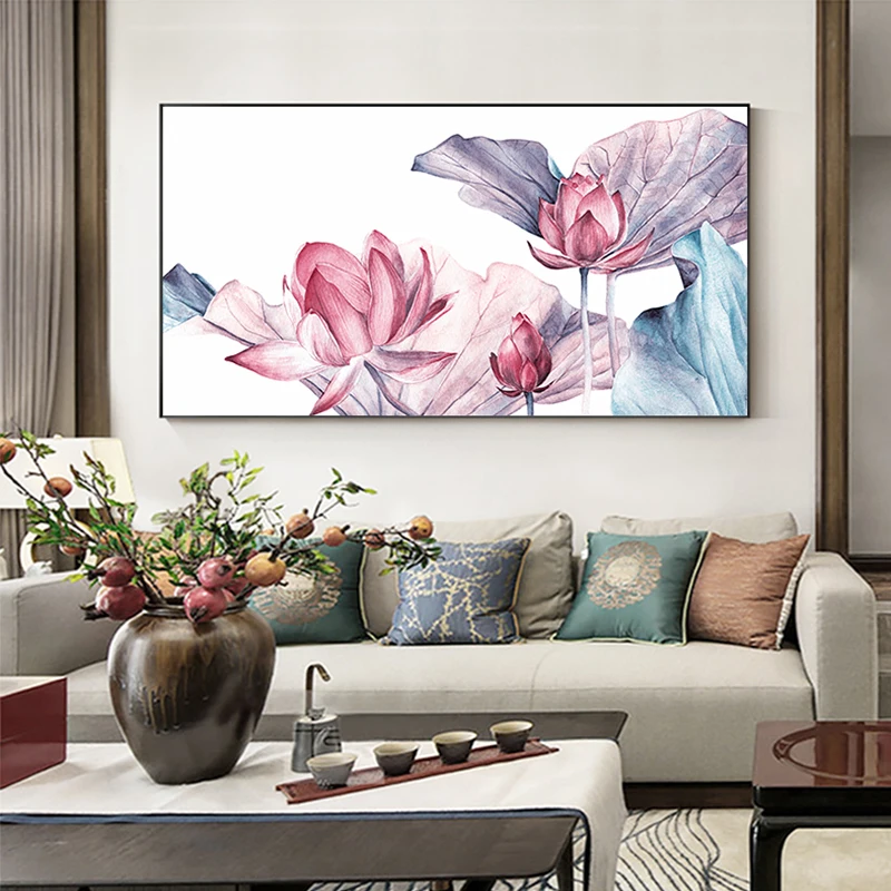 

Japanese Hand Painted Poster Nordic Style Summer Lotus Canvas Painting Pink Purple Wall Art Picture for Living Room Flower Print