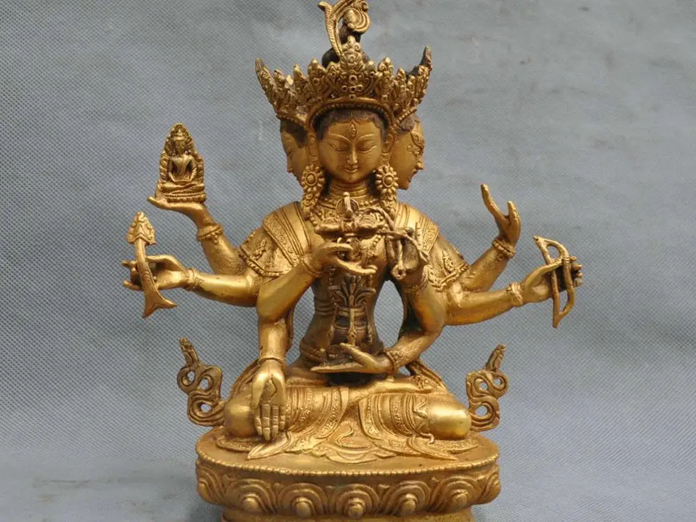 

9" China Tibetan Bronze 3 Heads 8 Hands Arms Chenrezig Buddha Statue