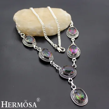 

Hermosa Jewelry Classic Fashion Multicolor Mystic Fire Retro 925 Sterling Silver Women Necklace 20 inches HM47