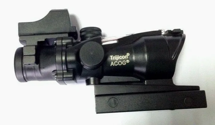

Hot Sale 4x32 ACOG Style Green Fiber Rifle Scope With Mini Red Dot Sight For Hunting BWR-046logo
