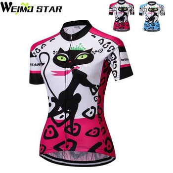 

2019 Weimostar Women's MTB Bike Jersey Red Cats Cycling Clothing Short Sleeve Bike Shirts Girls Wear Jersey Pink bicycle Tops