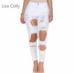 Для женщин S-3XL 2018 новый тонкий тощий Высокая талия отверстие джинсы Женская обувь, белый цвет черный джинсовые узкие брюки стрейч талии Для