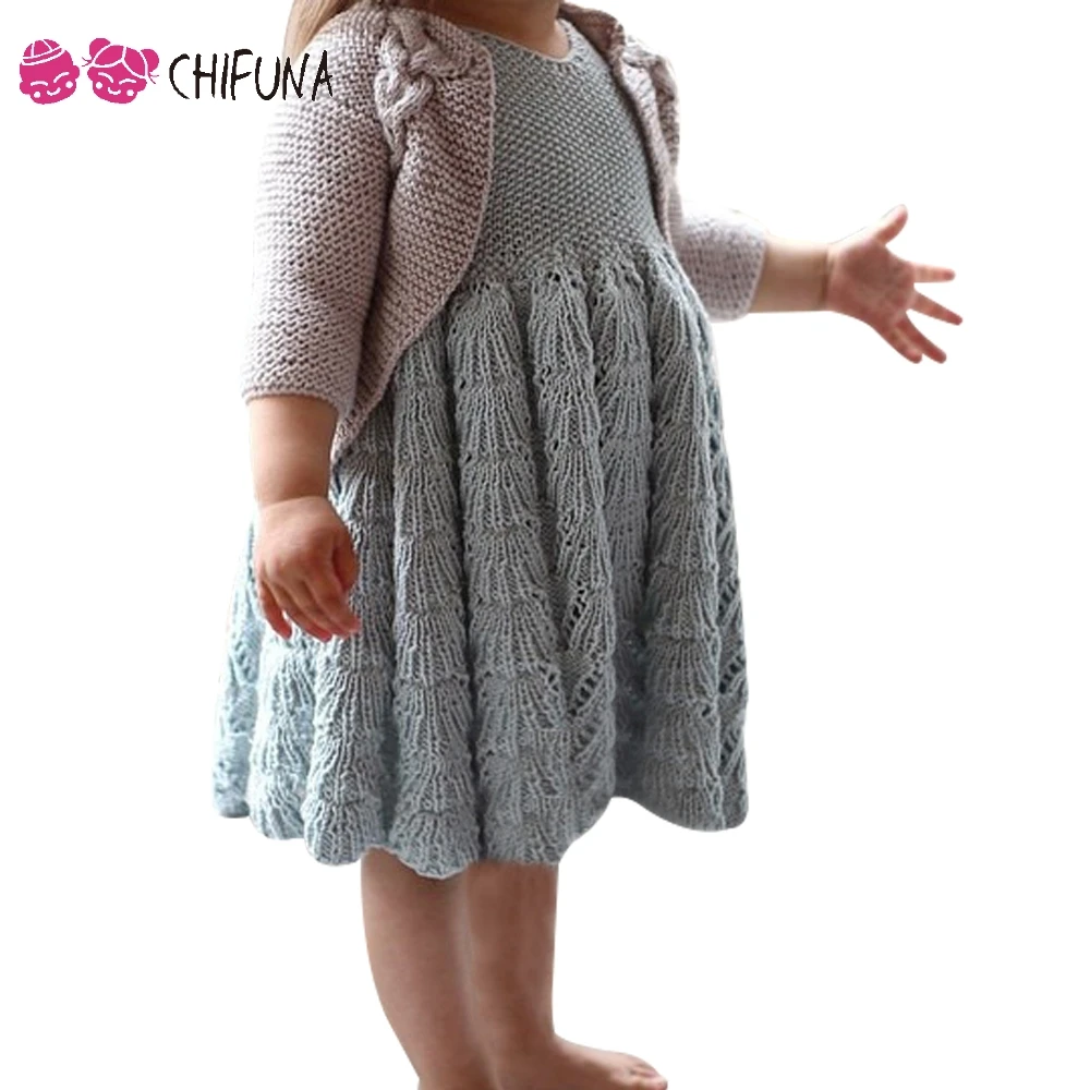 Herfst Kids Mouwloze Gebreide Jurk Effen Jacquard Weave Mode