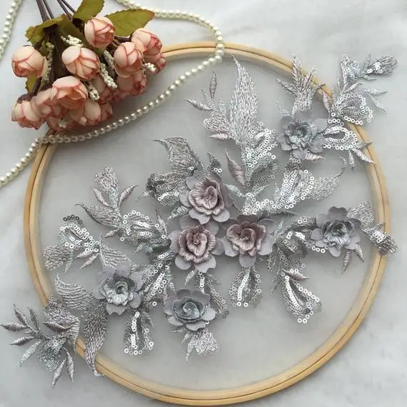 

Gray silk florals motif bodice 1 Piece,sequin French lace,3D flower applique,heavy embroidered flower applique for bridal
