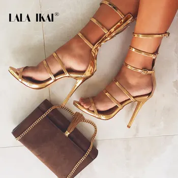 

LALA IKAI Women High Heels Sandals Summer Buckle Strap Rivet Thin Heels Black Gold 12cm Heels Sandalie Female 014C3556-4