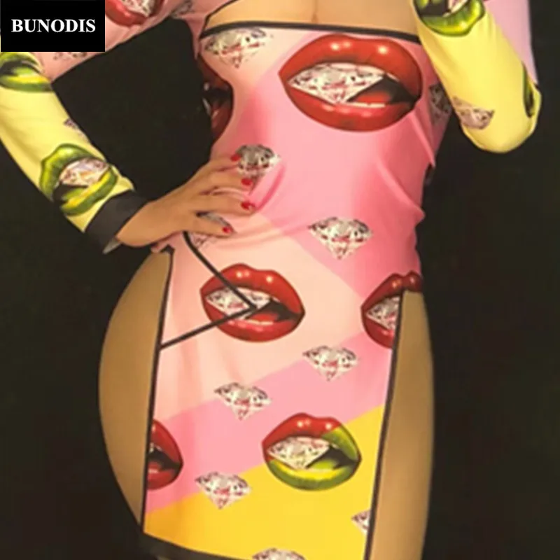 BU331 Для женщин Сексуальная короткая юбка Cheongsam 3D с принтом губ со стразами для