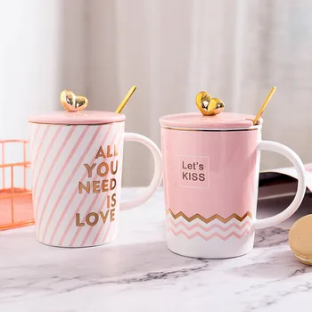 

420ml business pink gold coffee mug Creative ceramic mug Coffee cup with lid and spoon Office ceramic cup with handle