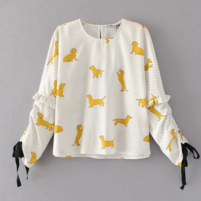 

New 2019 Dog Print Blouse Women Girls Polka Dot Ruffles Raglan Sleeve Lace Up Short Top Shirt Pullover Spring Autumn T78803