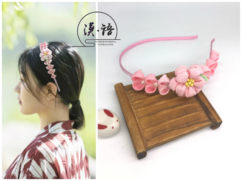 

Hand Made Hairpin Cotton Cloth Hair Clip Pink Barrettes Anime Cosplay Custom Made Accessories Kimono Fan